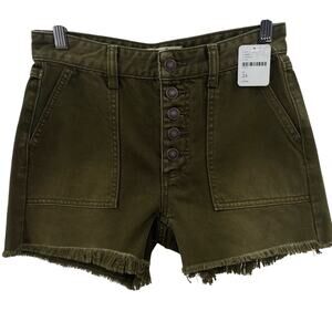 NWT Free People Jesse Army Green High Rise Button Fly Raw Hem Jean Shorts 24